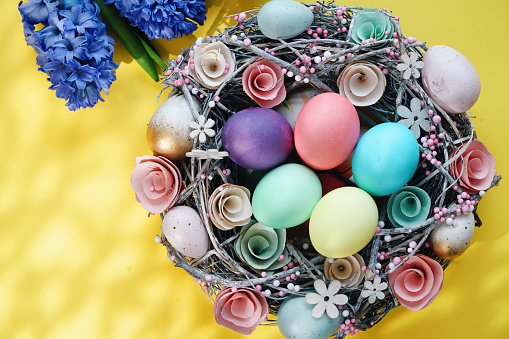 Colorful Easter Eggs in a Decorated Nest