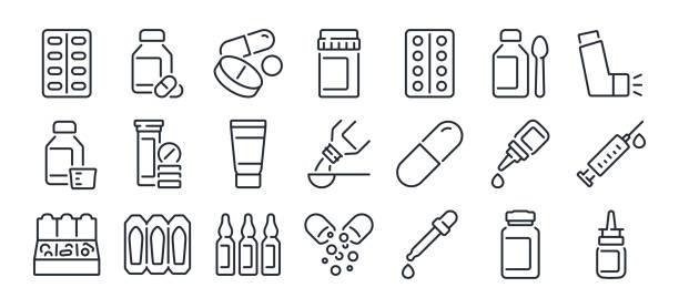 Pharmaceutical dosage forms editable stroke outline icon isolated on white background flat vector illustration. Pixel perfect. 64 x 64. Pharmaceutical dosage forms editable stroke outline icon isolated on white background flat vector illustration. Pixel perfect. 64 x 64. drugs stock illustrations