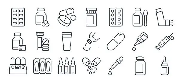 Vector illustration of Pharmaceutical dosage forms editable stroke outline icon isolated on white background flat vector illustration. Pixel perfect. 64 x 64.