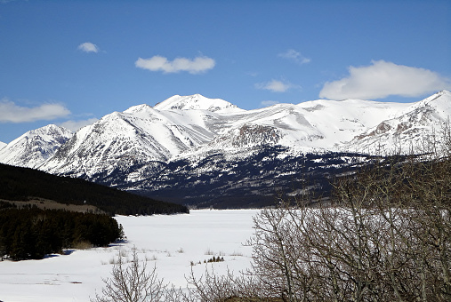 Snow-clad mountains rise above a frozen lake. The lake is rimmed by a dark shoreline. A brilliant blue sky is dotted with a few puffy clouds.  Bare shrubs form a lacy foreground.