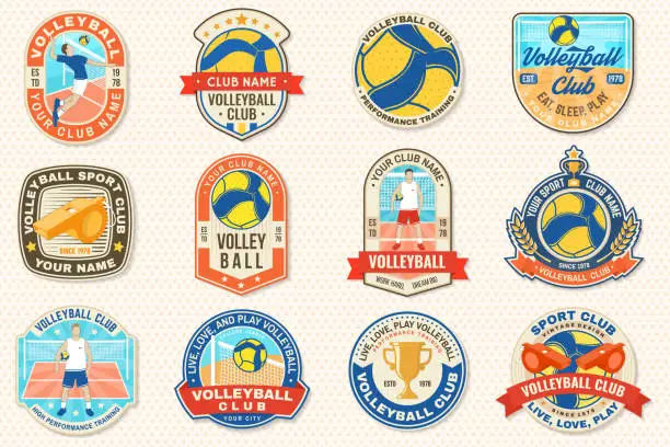 Vector illustration of Set of Volleyball club emblem, patch, sticker. Vector illustration. For college league sport club emblem, sign, logo. Vintage label, sticker, patch with volleyball ball, player silhouettes.