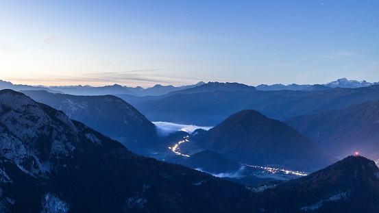Mystic landscape view during blue hour in the Salzkammergut area in Austria
