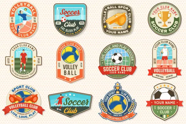 Vector illustration of Set of Volleyball club and soccer club emblem, patch, sticker. Vector illustration. For college league sport club emblem, sign, logo. Vintage label, sticker, patch with volleyball ball, player, goalkeeper, gate and soccer player.