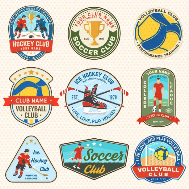 Vector illustration of Set of Volleyball club, Ice Hockey club and soccer club emblem, patch, sticker. Vector. For college league sport club emblem, sign, logo. Vintage label, sticker, patch with volleyball ball, player, goalkeeper, gate, sticker, puck and skates.