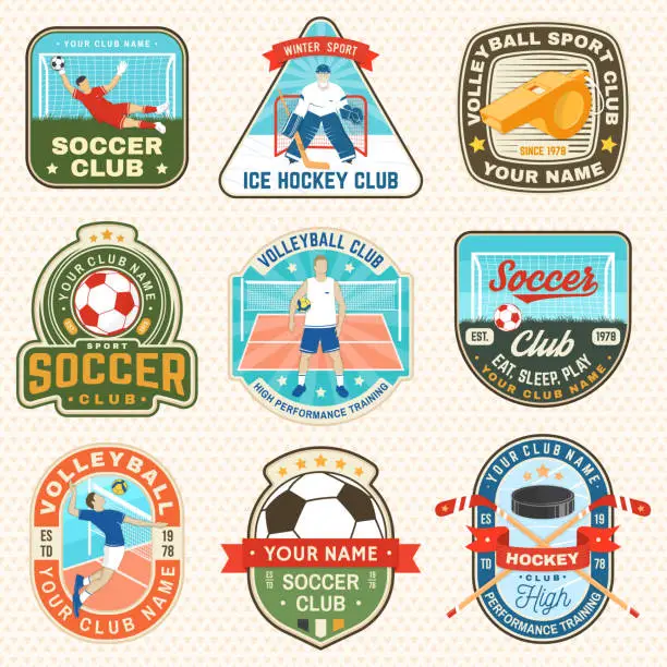 Vector illustration of Set of Volleyball club, Ice Hockey club and soccer club emblem, patch, sticker. Vector. For college league sport club emblem, sign, logo. Vintage label, sticker, patch with volleyball ball, player, goalkeeper, gate, sticker, puck and skates.