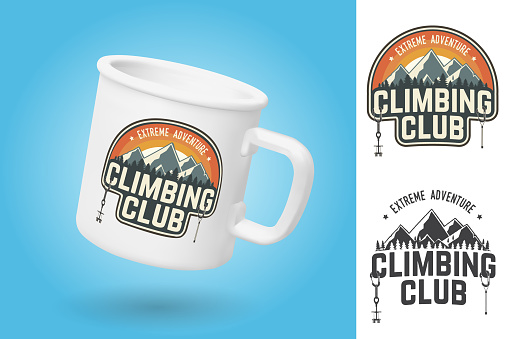 White camping cup. Realistic mug mockup template with sample design. Climbing Club badge. Vector. Vintage typography design with carabiners, climbing cams, hexes and mountain silhouette. Extreme adventure.