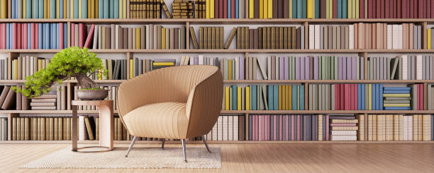 istock Living room interior design in the library with colorful books 3D Render 1479502487