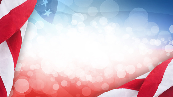 Patriotic American Flag Background with Bokeh Lights and USA National Flag Border Frame, Widescreen, Horizontal