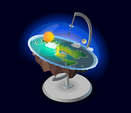 flat earth concept illustration. ancient cosmology model and modern pseudoscientific conspiracy theory.