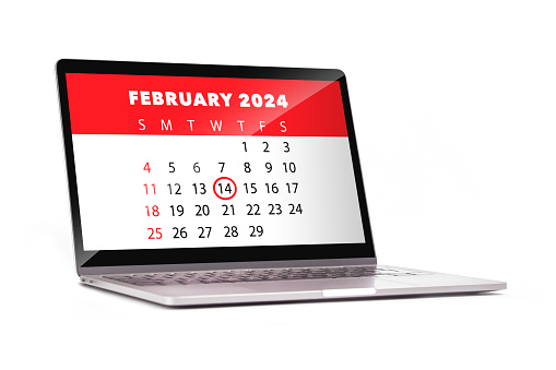 February 2024 calendar on computer screen. February 14 is circled on the calendar. February 14 is Valentine's Day.