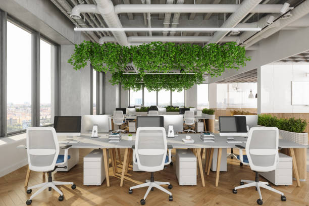 istock Digital image of Eco-Friendly Modern Open Plan Office Interior With Tables, Computers, Office Chairs And Plants 1479507494