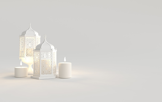 White lantern with candle, lamp with arabic decoration, arabesque design. Concept for islamic celebration day ramadan kareem or eid al fitr adha. 3d rendering illustration
