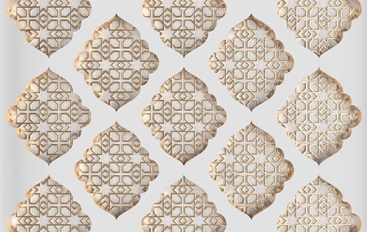 Arabic white, golden geometric window and pattern, muslim holiday Eid al Adha ornament background. Ramadan arabesque 3d render