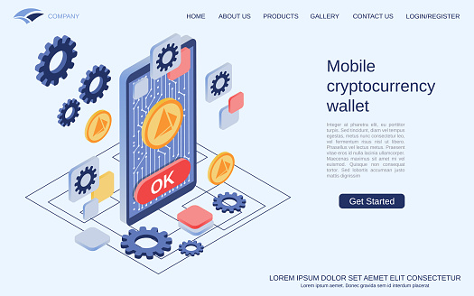 Mobile cryptocurrency wallet, virtual money, online banking modern 3d isometric vector concept illustration. Landing page design template