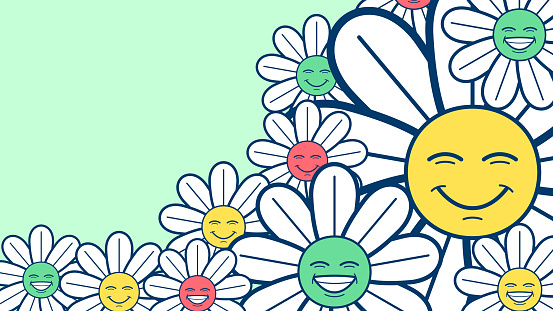 Cute spring cartoon illustration banner of smiling emoji flowers.