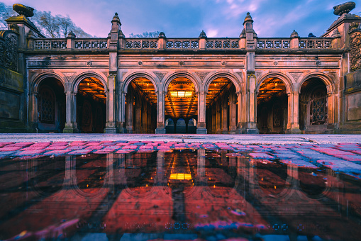 Bethesda Terrace in Central Park, on a stormy morning