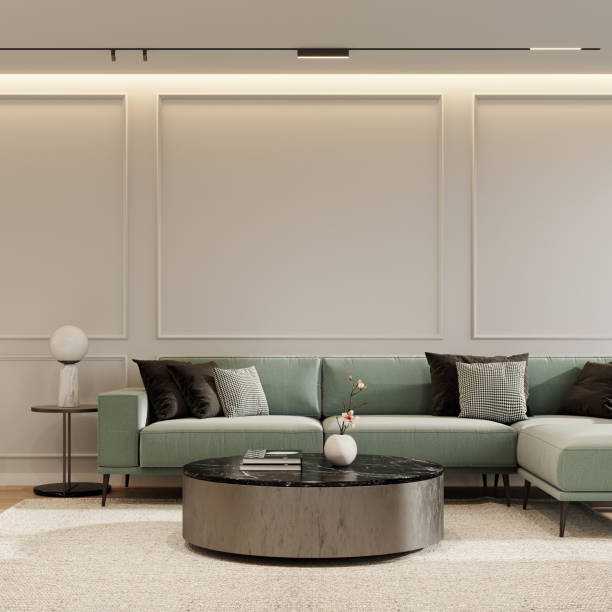 istock Modern living room design with green sofa and empty white wall background. Home interior design. 1479511239