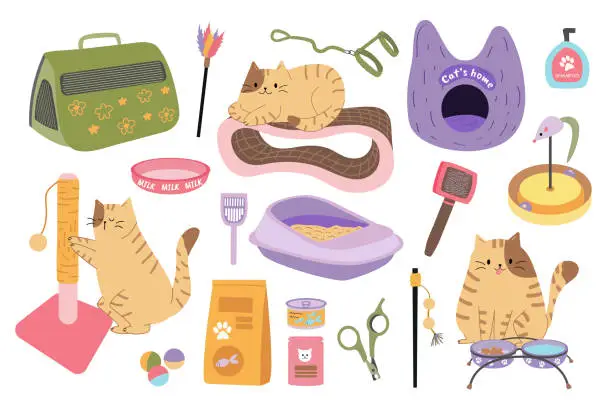 Vector illustration of Vector set of accessories and grooming tools for cats. Cute pet cat. Pet and pet store equipment. Scratching post, cat litter box, toys, food, carrier, fluffer and scissors, soft seat, plates.