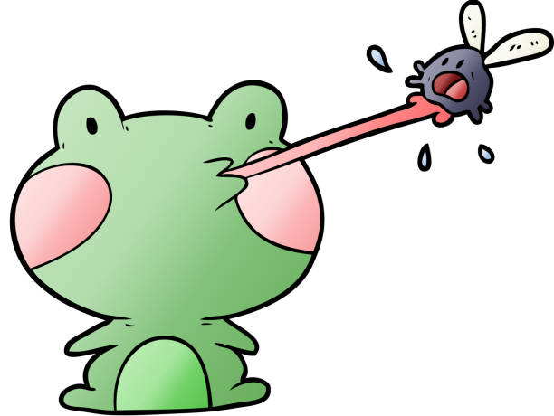 illustrations, cliparts, dessins animés et icônes de mignon dessin animé grenouille attrapant mouche avec la langue - frog animal tongue animal eating