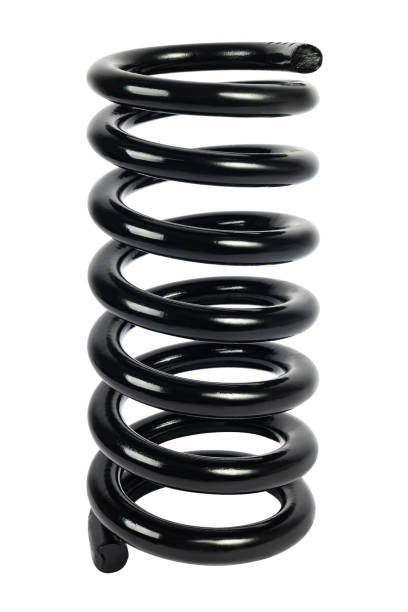 Black shock absorber spring for car on a white background.