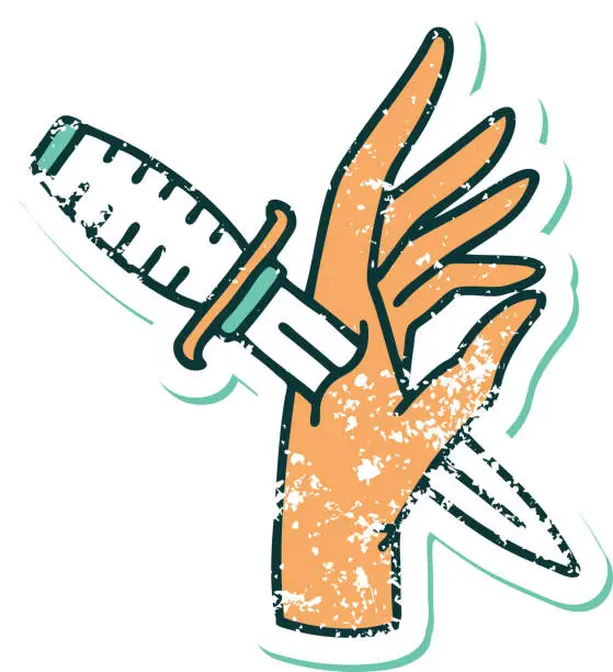 Vector illustration of iconic distressed sticker tattoo style image of a dagger in the hand