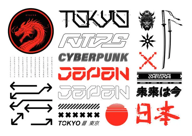 Vector illustration of Futuristic and traditional japan streetwear elements