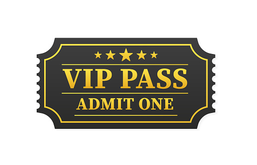 Template entrance ticket vip-pass. Admit one. Golden vector vip ticket. Concert, cinema, parties, events, dances, festival premium collection. Vector illustration