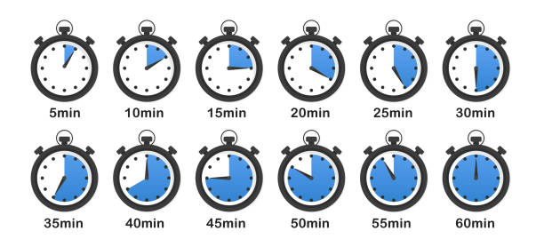 ilustrações, clipart, desenhos animados e ícones de ícone do cronômetro definido isolado em um fundo branco com sombra. temporizador. cronômetro. contagem regressiva 5,10,15,20,25,30,35,40,45,50,55,60 minutos. relógio esportivo com significado de tempo de cor azul. ilustração vetorial - time minute hand small timer