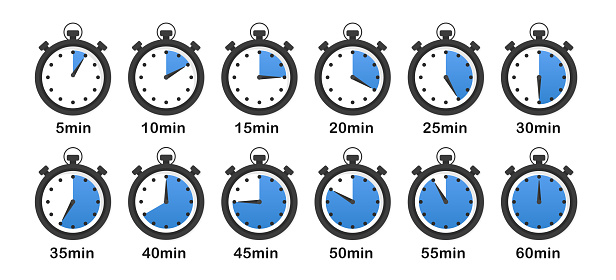 Stopwatch icon set isolated on a white background with shadow. Timer. Chronometer. Countdown 5,10,15,20,25,30,35,40,45,50,55,60 minutes. Sport clock with blue colored time meaning. Vector illustration