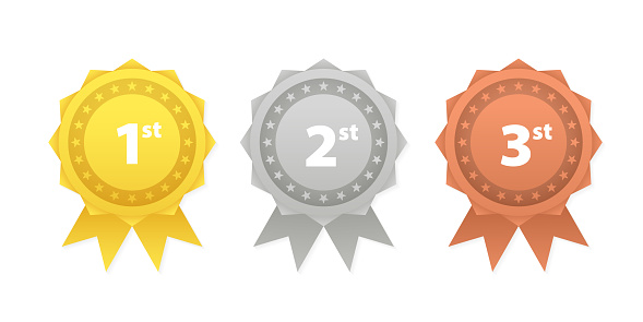 A medal for first, second and third place. Game champion prize badges, metal rewards with red ribbons vector set. First, second and third place in competition. Vector illustration