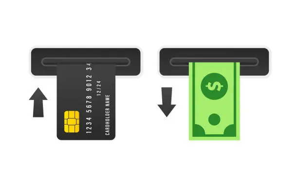 Vector illustration of Flat design of ATM terminal usage concept. Step-by-step instructions for using ATM. Pushing credit card into atm machine slot and getting money. Getting receipt. Vector illustration