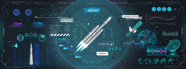 illustrations, cliparts, dessins animés et icônes de lancement et vol de fusée, tableau de bord, centre de contrôle de style hud - cockpit airplane aerospace industry control