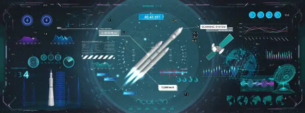 Vector illustration of Rocket launch and flight, dashboard, HUD style control center
