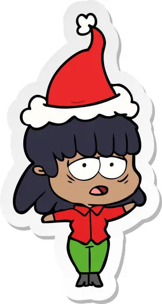 Vector illustration of hand drawn sticker cartoon of a tired woman wearing santa hat