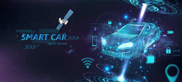istock Futuristic electric smart car in polygonal style with HUD interface and icons 1479525561