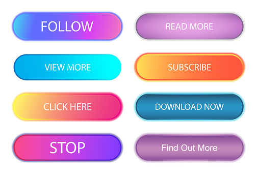 Buttons UI, UX, and WEB design set. Trendy gradients buttons with shadow. Follow, subscribe, download now, read more, click here and other UI buttons. Design App and web page elements. Vector set
