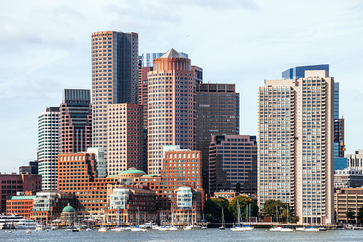 Boston skyline seen from East Boston. Massachusetts, USA