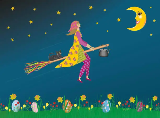 Vector illustration of Easter witch, in Swedish called Påskkärring (Sweden),  flying on traditional broom with coffee kettle and black cat. Flowers and easter eggs in grass. Vector illustration.