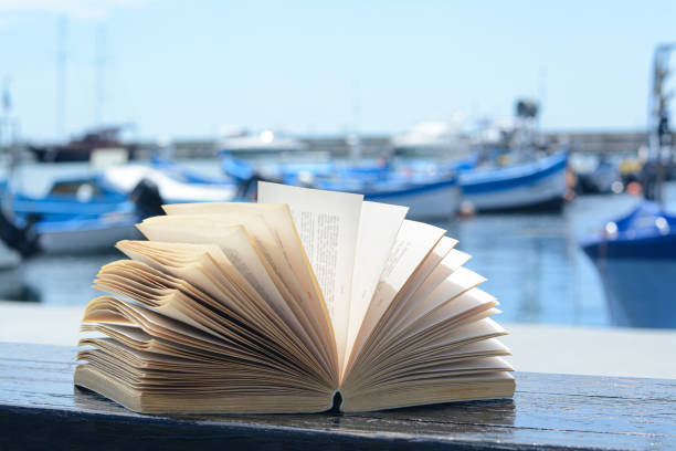 istock Open book on wooden bench near sea 1479534368