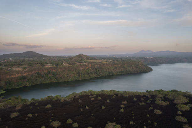 Masaya lagoon landscape Masaya lagoon landscape aerial drone view with volcanic ash ground masaya volcano stock pictures, royalty-free photos & images