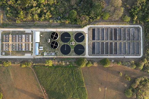 Sewage recycle water plant above top drone view. Filtration tank for water