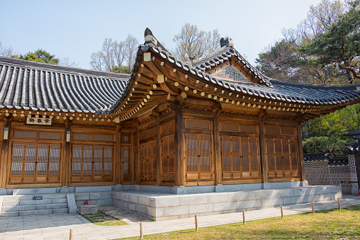 Seoul, Korea - March 31st 2023, Beautiful Spring morning, its the Sangchunjae Hanok at Cheongwadae, the Blue House in Seoul Korea. 청와대 상춘재