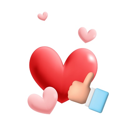 3d vector hand thumb up gesture and red and pink heart like symbols for recommendation in social media network mockup element design. Online digital promotion Poster for love, like, emoticon, emoji, happy valentine, wedding concept.