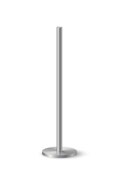 istock 3d metal pole signpost on base vector illustration. Realistic grey steel, iron or chrome pillar with polished surface, vertical different diameter cylinder pipe holders for board or flag 1479545021