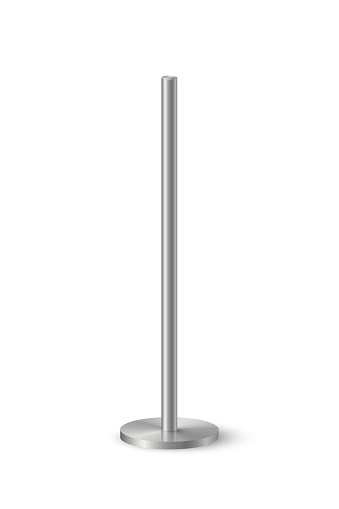 3d metal pole signpost on base vector illustration. Realistic grey steel, iron or chrome pillar with polished surface, vertical different diameter cylinder pipe holders for board or flag.