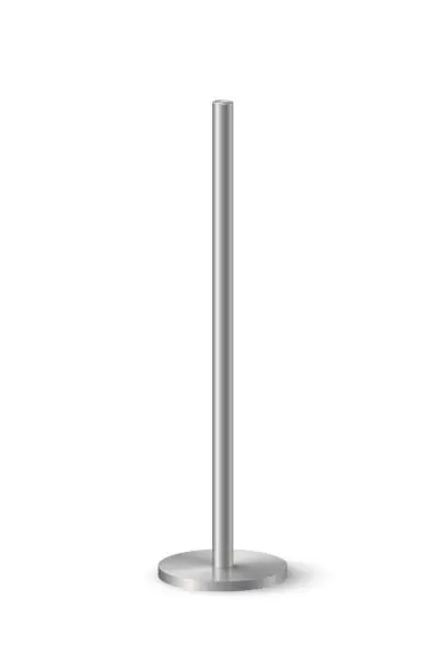 Vector illustration of 3d metal pole signpost on base vector illustration. Realistic grey steel, iron or chrome pillar with polished surface, vertical different diameter cylinder pipe holders for board or flag