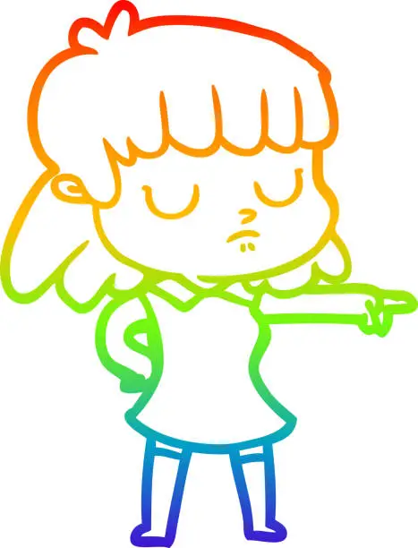 Vector illustration of rainbow gradient line drawing of a cartoon indifferent woman pointing