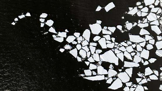 Aerial View Of Ice Melting On St. Lawrence River, Quebec City, Canada at Springtime