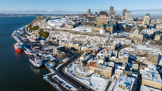 Aerial View of Quebec City and St. Lawrence River in Winter Season at Sunrise, Quebec, Canada