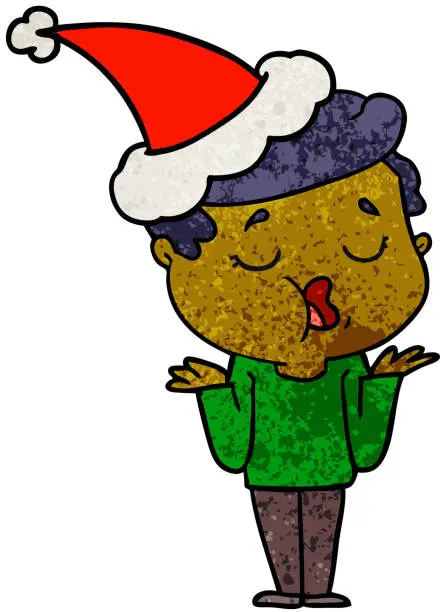 Vector illustration of hand drawn textured cartoon of a man talking and shrugging shoulders wearing santa hat